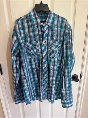 NWT Men’s George Roth long sleeve shirt. Tropical print in blue tones size XL.